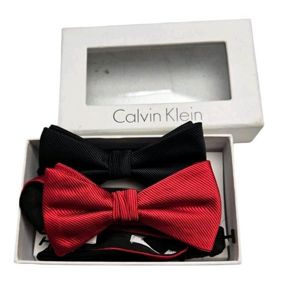 NWT Calvin Klein 2pc Bow Tie Set Black Red Mens Formal Wedding Prom Gift Box